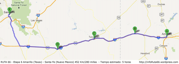mapa etapa 6 Ruta 66 Amarillo (Texas) - Santa Fe (Nuevo Mexico)